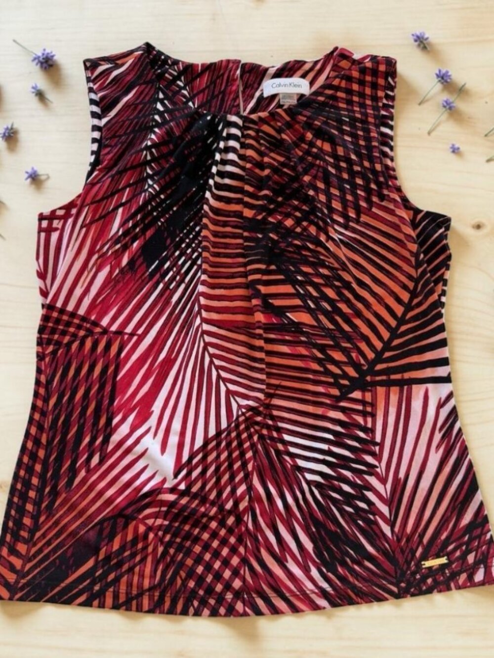 Calvin Klein Women's Sleeveless Palm Leaf Print Blouse Red Orange Black PM
